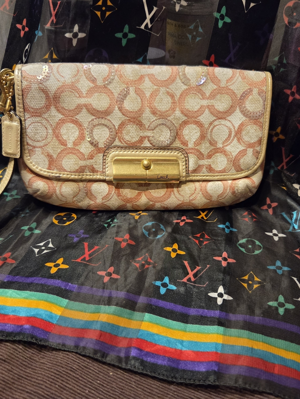 Coach Signature Print Peach/Beige Clutch with Gold Hardware